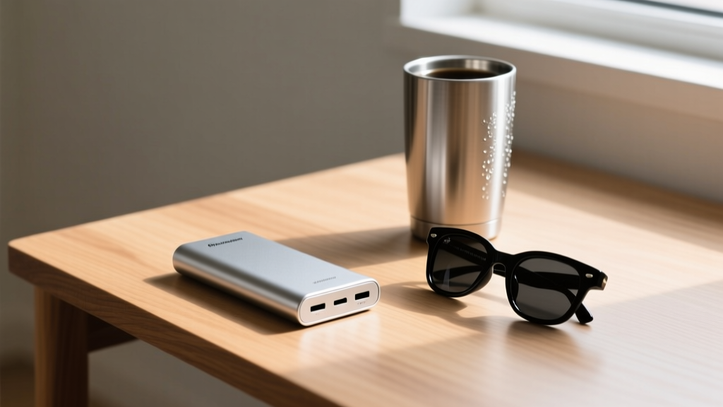 Recycled aluminum power bank on a wooden desk next to polarized sunglasses and a reusable steel coffee tumbler.