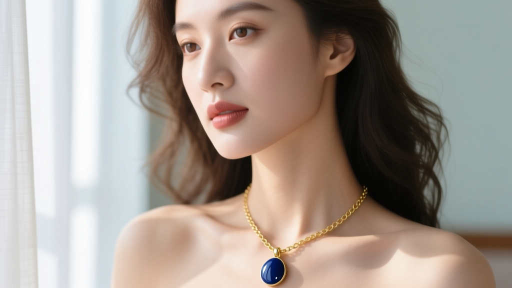 Close-up of a woman wearing a navy blue enamel pendant on a delicate gold chain, soft natural window lighting, elegant and chic