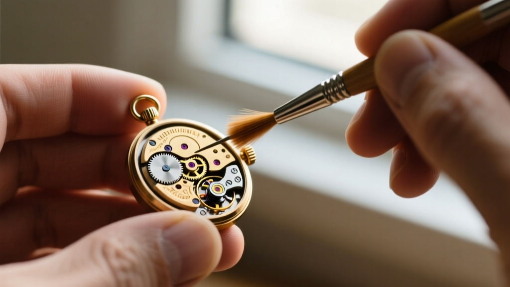 Close-up of a jeweler using a fiberglass brush to clean battery corrosion from a vintage quartz watch pendant movement