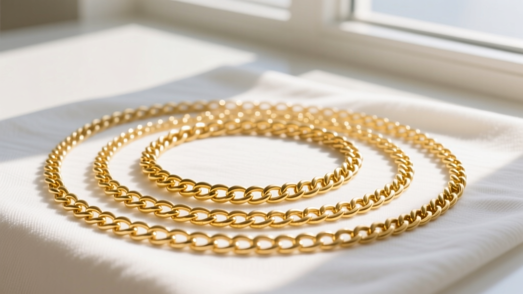 Flat lay of layered gold vermeil and solid 14k chains drying on a clean white microfiber cloth in bright natural window sunlight.