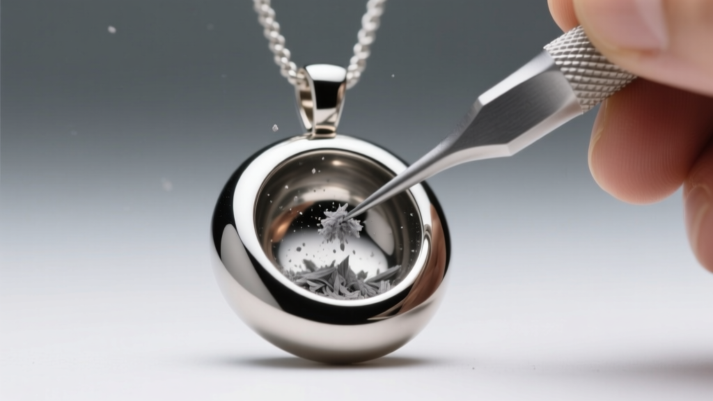 Jeweler using a micro spatula to place fine gray ashes into a titanium pendant cavity under bright LED studio lighting, macro view.