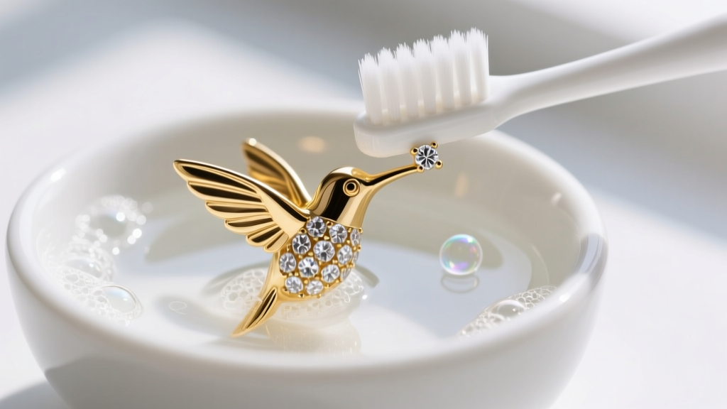 Soft toothbrush cleaning diamond accents on a gold hummingbird earring submerged in soapy water inside a small white ceramic bowl