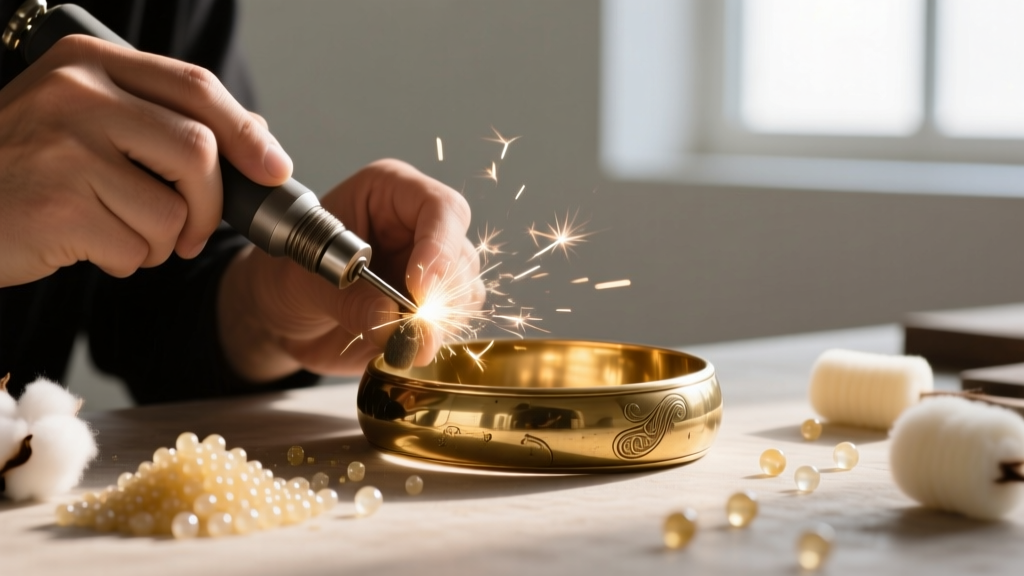 Close-up of a jeweler polishing a brass bangle with a rotary tool, surrounded by microcrystalline wax and cotton buffing wheels