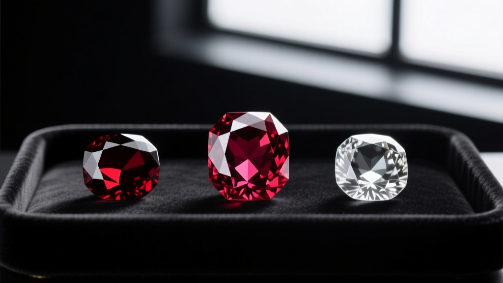 Macro shot comparing a faceted natural ruby, a dark red garnet, and a glass replica side-by-side on a jeweler's dark grading mats