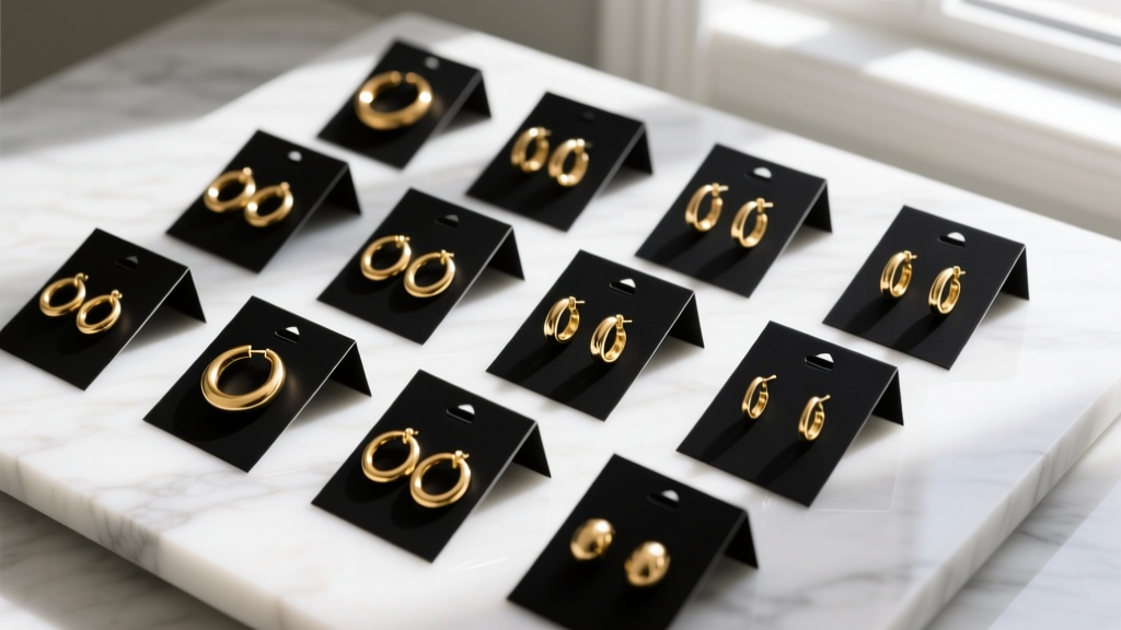 Overhead view of thick matte black earring holder cards displaying gold hoops, arranged neatly on a clean marble jewelry display