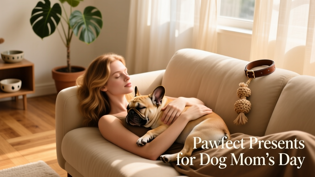 A woman laying down on the sofa, a sleeping French Bulldog in her arms