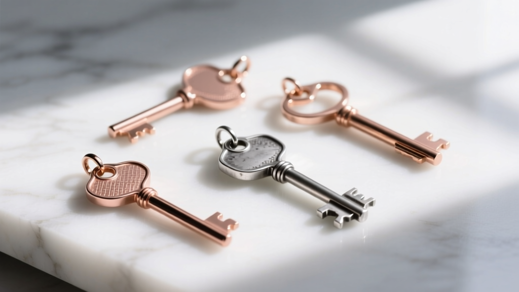 Rose gold vermeil and oxidized silver key pendants arranged on a white marble surface with soft, natural window shadows.
