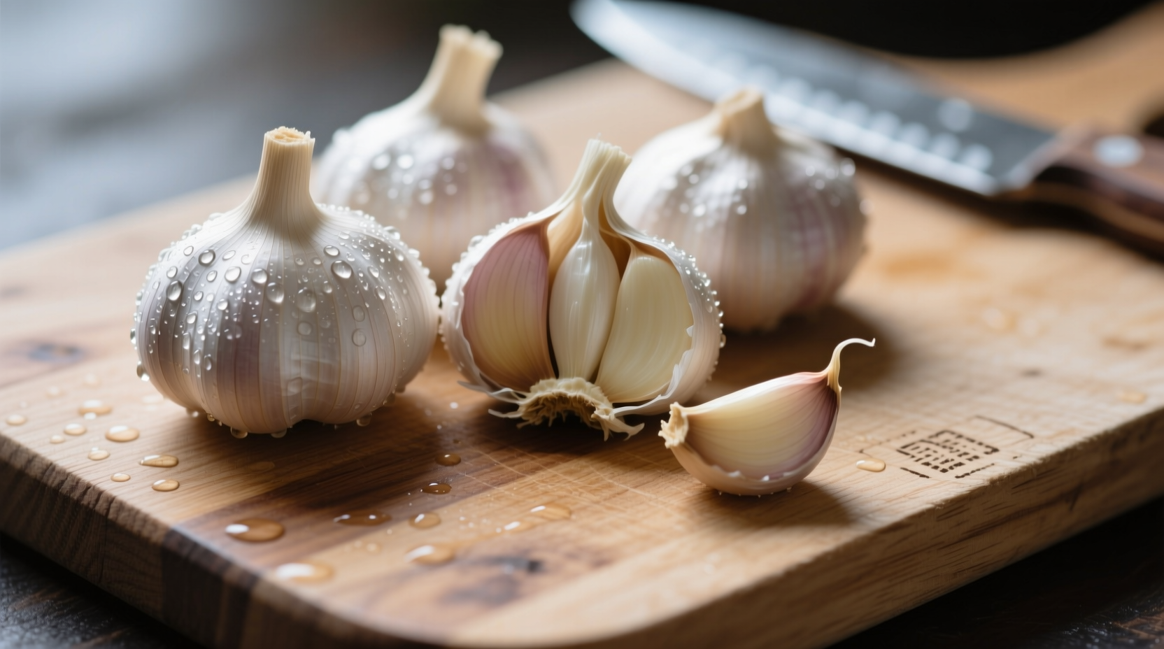 Fresh garlic cloves with chopping board