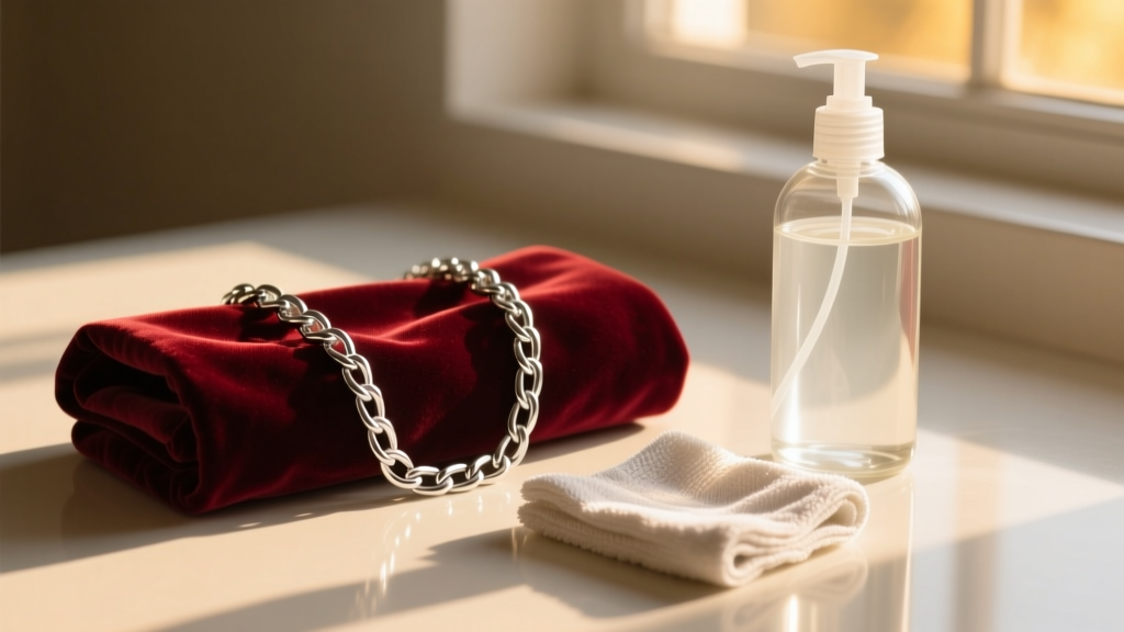 Sterling silver chain on velvet beside a microfiber polishing cloth and a glass bottle of gentle liquid cleaner in warm sunlight