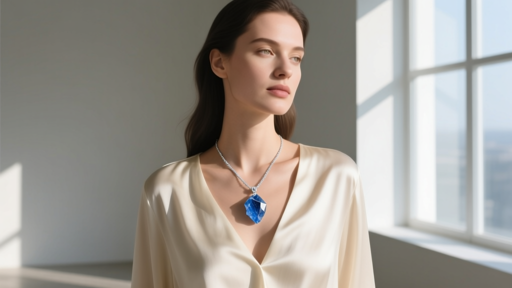 Woman wearing a silver necklace with a raw blue quartz pendant over a cream blouse, illuminated by soft natural window sunlight.