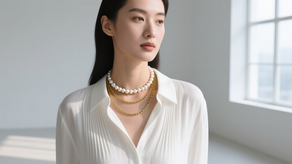 Woman wearing a layered stack with a 14-inch 5mm pearl choker and 18-inch gold chain over a crisp white linen button-down top.