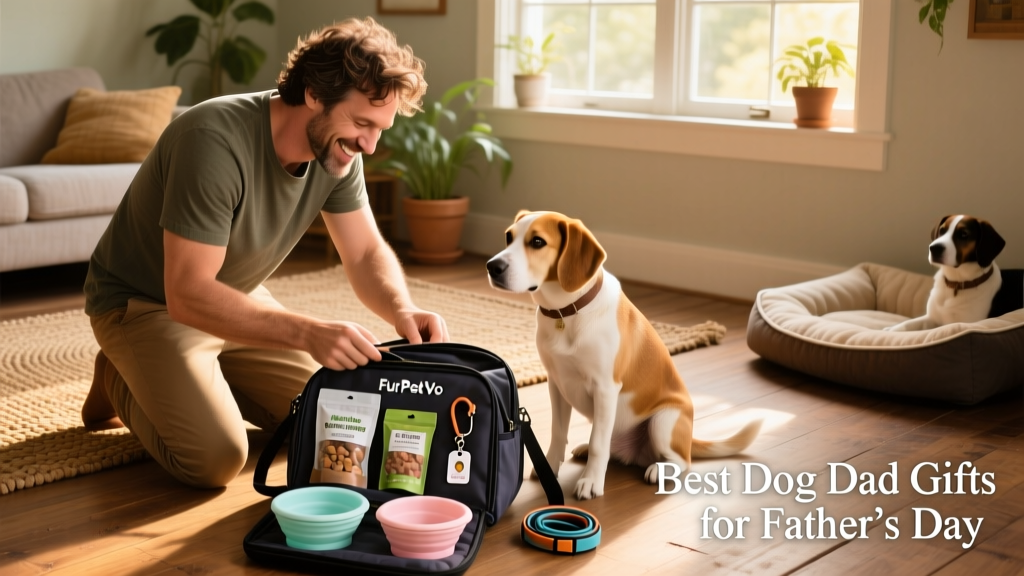 A dog dad unzipping the FurPetVo Week Away Tote to reveal neatly organized pet supplies, including collapsible bowls and treats