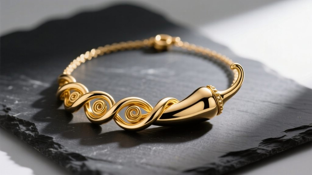Close-up of a polished 14k yellow gold Italian horn necklace resting on dark slate, highlighting the twisted chili pepper shape.