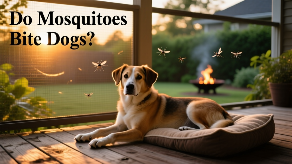 Dog relaxing on a screened-in porch at dusk, illustrating safe outdoor space during peak mosquito hours