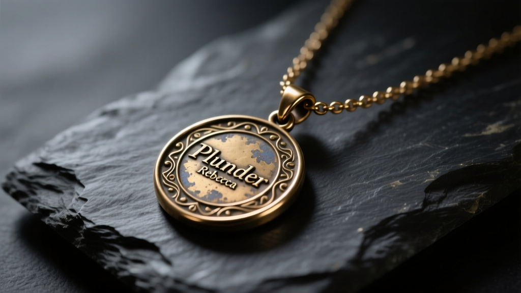 Macro view of the plunder rebecca necklace showing an antiqued brass medallion pendant on dark slate in moody light