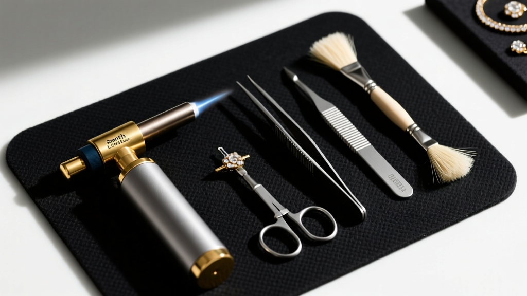 Overhead view of jewelry tools including a Smith Little Torch, titanium tweezers, and flux brushes on a dark work bench mat.
