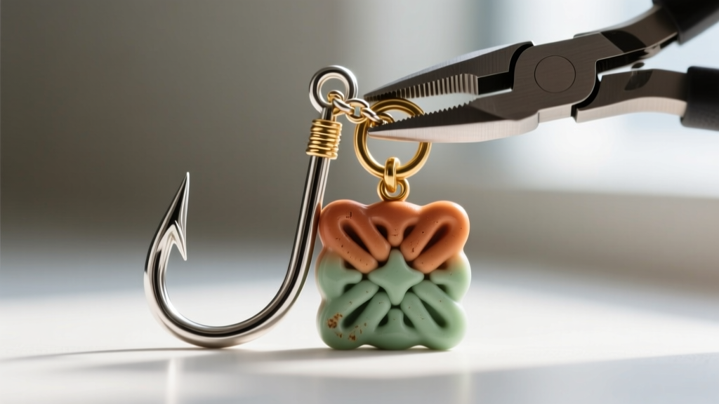 Macro shot of titanium fishhook attached to baked polymer clay granny square charm using a small brass jump ring and chain pliers.