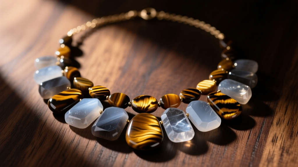Flat lay of a layered brown gemstone necklace with smoky quartz and tiger eye on dark oak wood under soft directional lighting