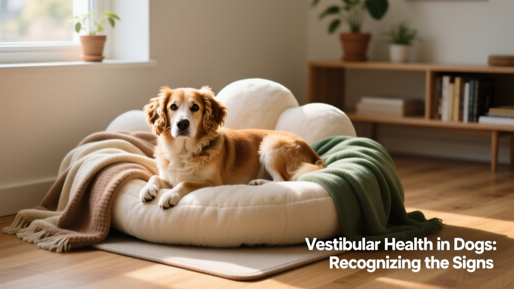 Dog resting comfortably on a plush bolster bed in a quiet corner, surrounded by soft blankets and a nearby non-slip mat