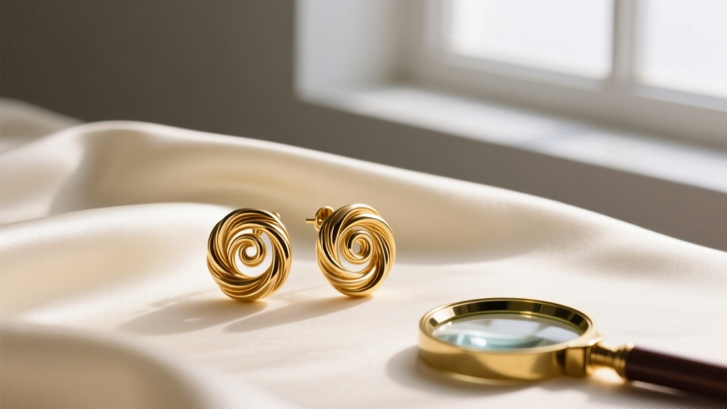 Gold-plated vintage Celine swirl earrings on cream silk beside a jeweler's loupe, lit by soft directional window light.