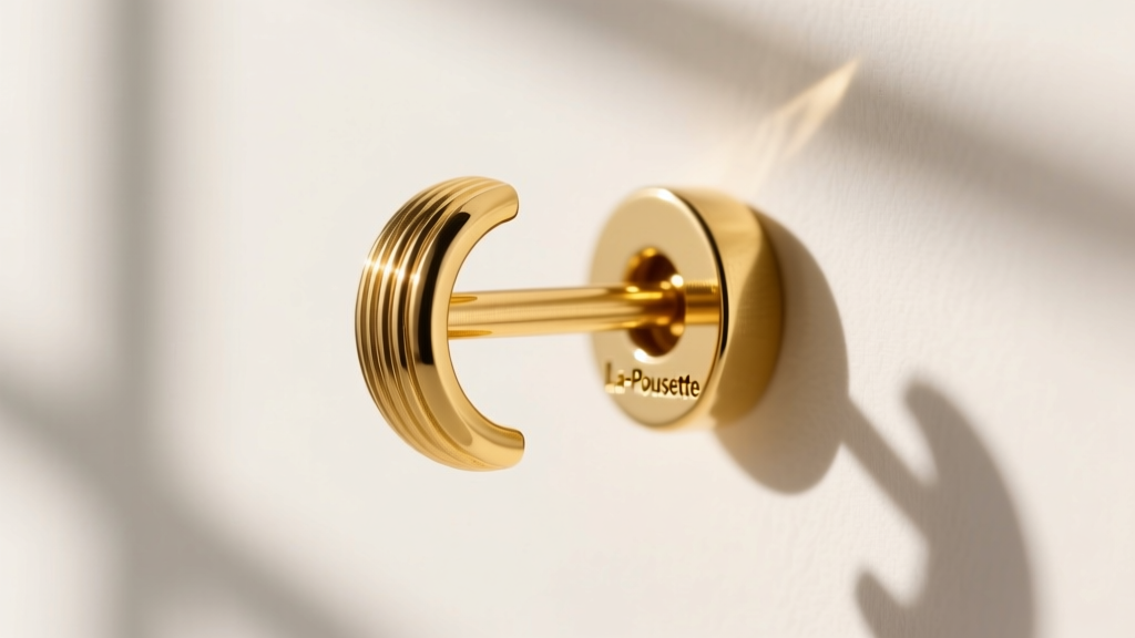 Macro shot of La-Pousette earring back on a 20g gold post, highlighting easy-grip ridges for users with limited hand dexterity