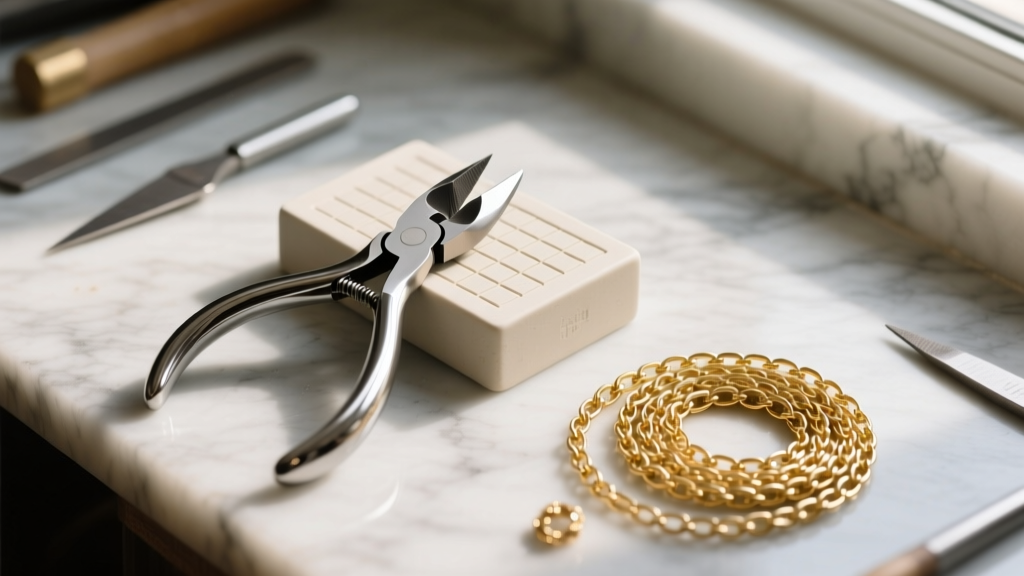 Top-down view of a jeweler workbench showing flush cutters, a ceramic welding block, and coiled 18-gauge gold-filled link chains