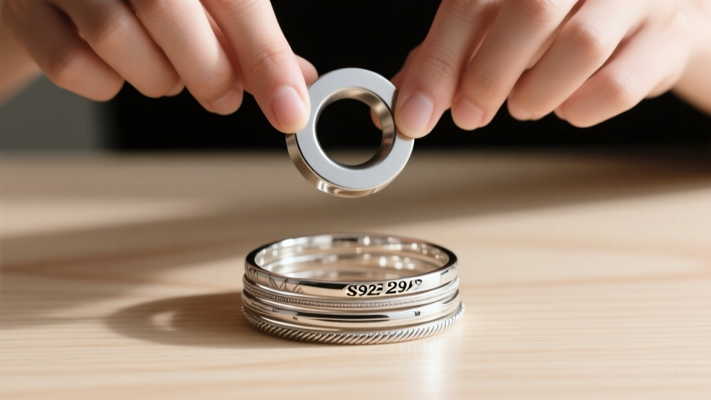 Hands holding a neodymium magnet near stacked S925 silver bracelets to demonstrate a non-magnetic authenticity test on wood