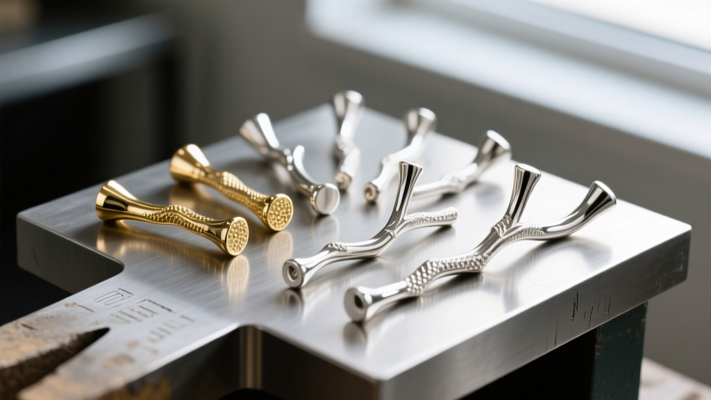 Macro view of raw 18k white gold and rhodium-plated 14k white gold casting sprues resting on a jeweler's wooden workbench.