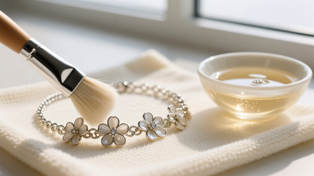 Soft bristle brush cleaning a delicate floral choker chain on a microfiber cloth, with a bowl of mild jewelry cleaner beside it