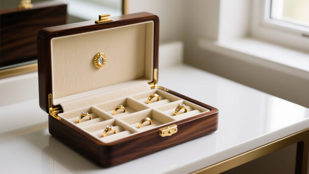 Luxury dark walnut jewelry holder organizer opened on a vanity, showing cream velvet compartments and neatly arranged gold rings
