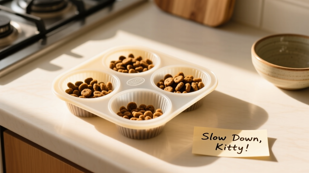 Top-down photo of kibble arranged in sections of a silicone muffin tin on a countertop