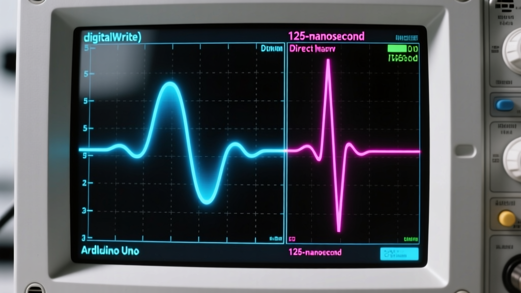 Oscilloscope trace comparing the 5 microsecond pulse of digitalWrite against the 125 nanosecond pulse of direct port manipulation on an Arduino Uno