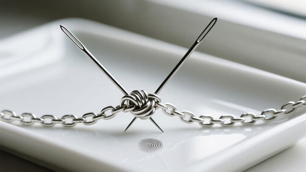 Two fine steel sewing needles gently prying apart a tight knot in a delicate sterling silver box chain on a white ceramic tray.