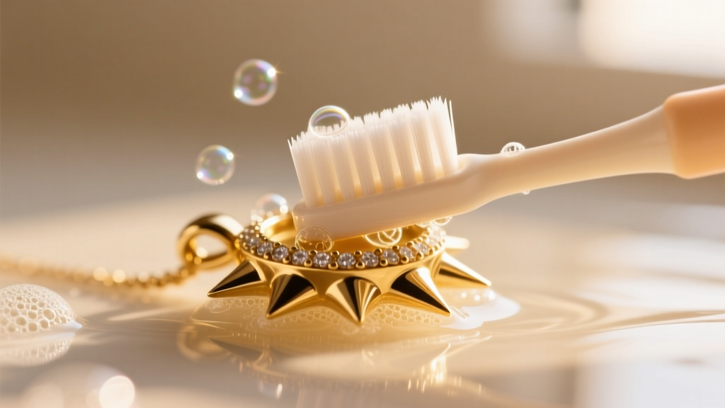 Soft baby toothbrush scrubbing the base of a gold spike pendant in warm soapy water, highlighting delicate jewelry cleaning steps.
