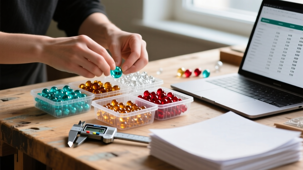 Hands sorting holiday glass beads into plastic trays, alongside a digital caliper and pricing spreadsheet on a wooden workbench