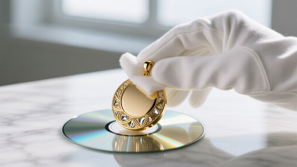 Hands in white cotton gloves gently wiping a gold-finished compact disc pendant with a microfiber cloth on a clean marble surface.