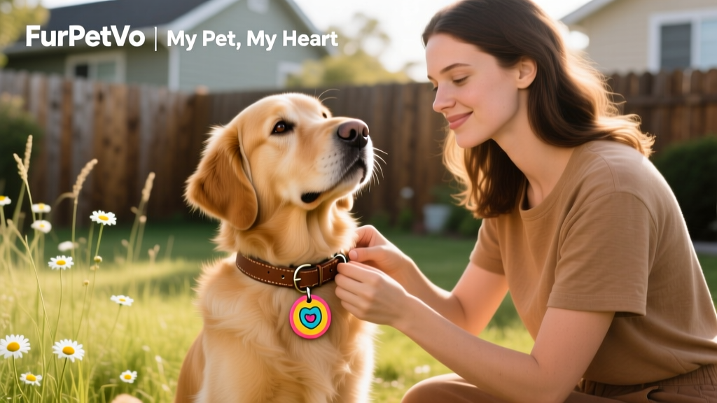 A person gently attaching a colorful FurPetVo ID tag to their dog’s collar