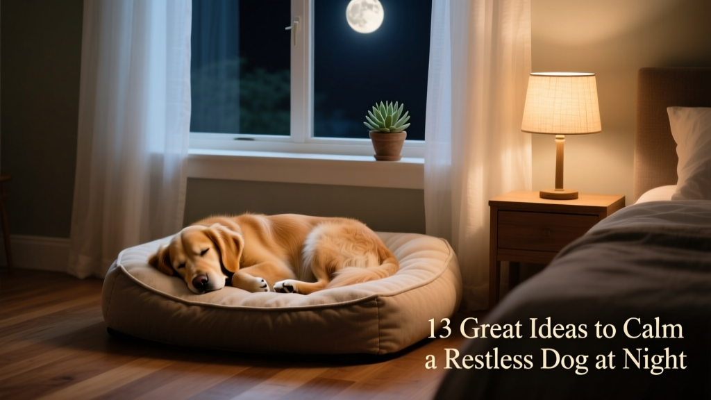 A calm dog sleeping peacefully on a cozy dog bed beside a quiet bedroom window at night