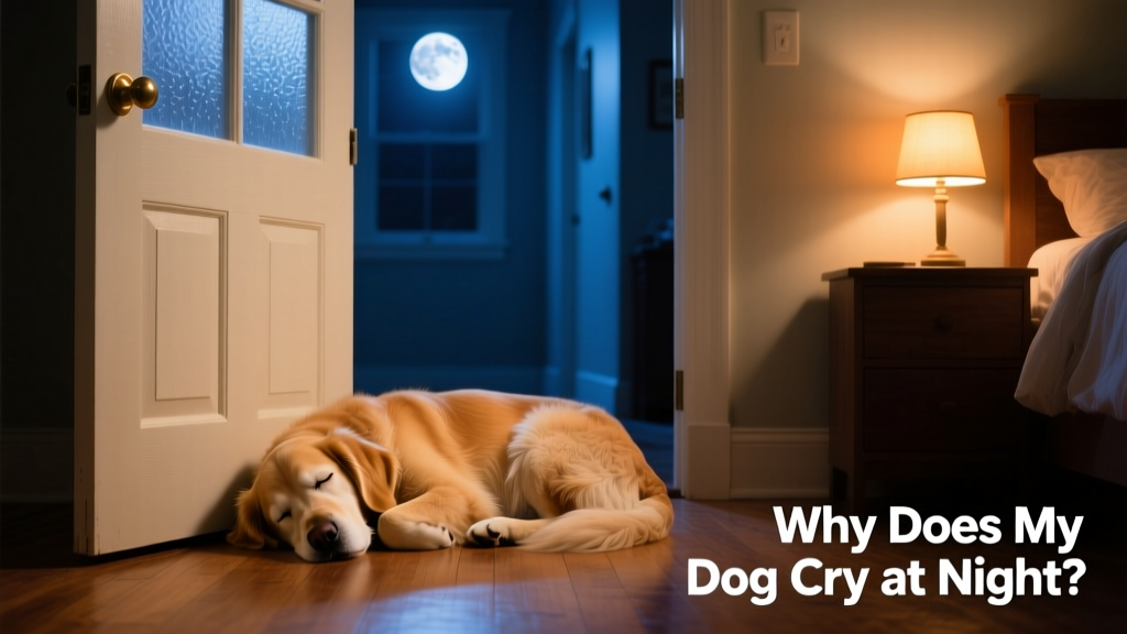A happy dog curled up asleep next to a closed bedroom door, bathed in gentle moonlight