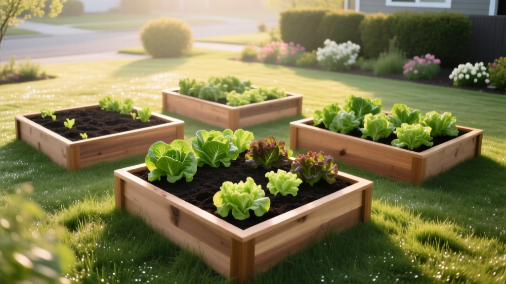Overhead view of three cedar raised garden beds filled with dark soil and vibrant lettuce, set against a lush suburban backyard lawn in spring