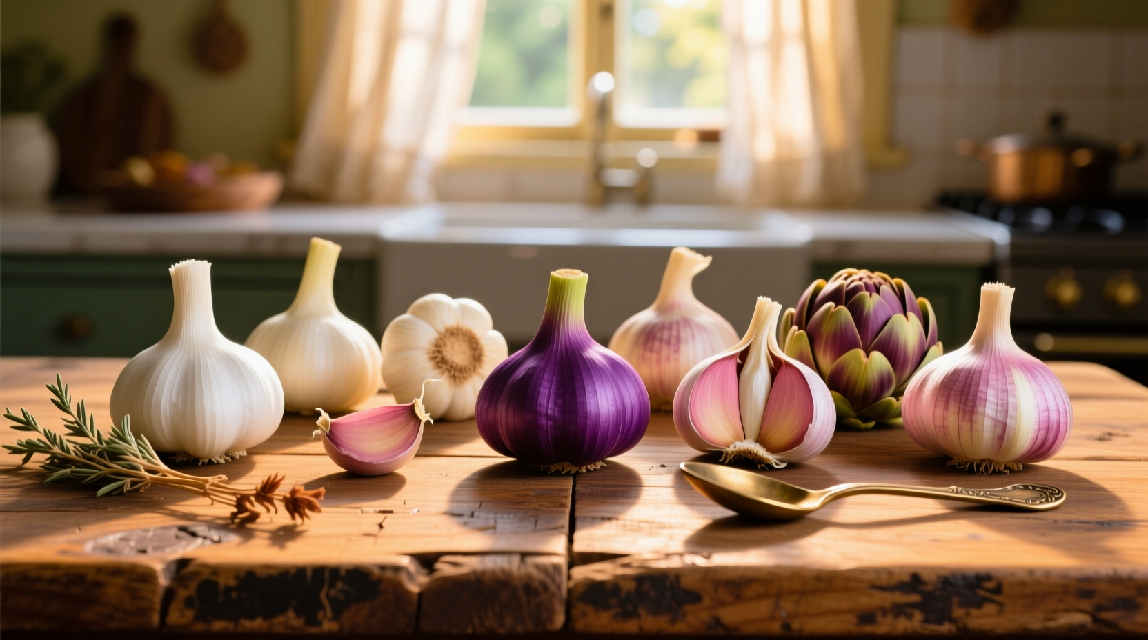 Colorful display of different garlic varieties on wooden table