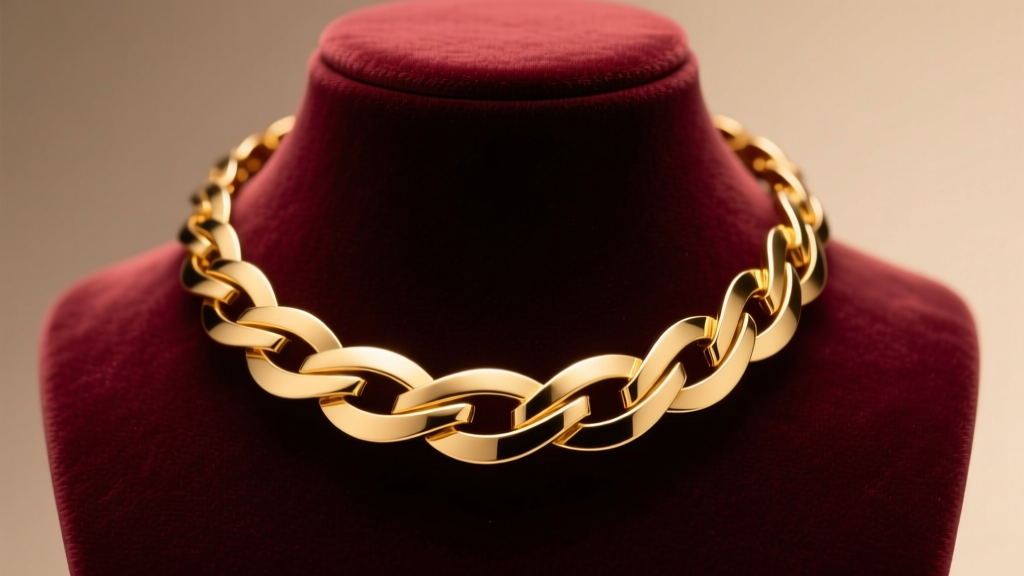 18k yellow gold omega collar necklace on a velvet bust, showing smooth interlocking metal segments under warm studio lighting.