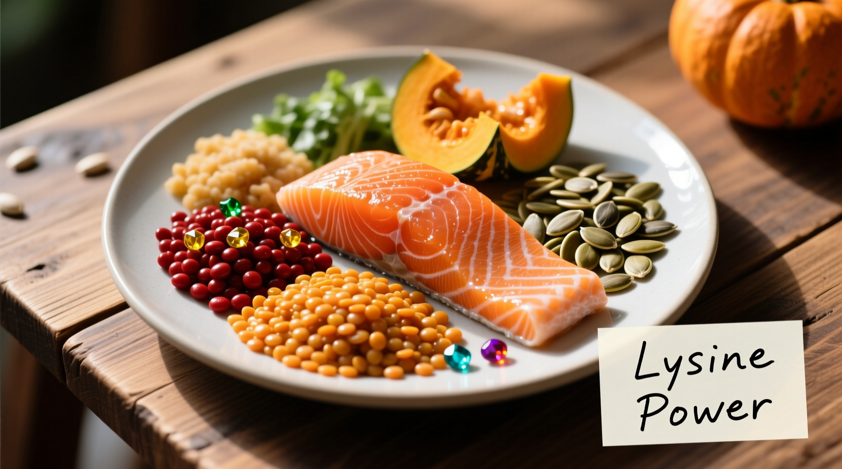 Colorful plate of lysine-rich foods including salmon, lentils, and pumpkin seeds