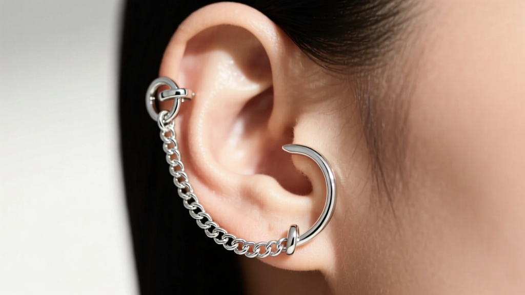 Helix-to-lobe silver ear chain with adjustable tension clasps, highlighting the precise anchor points on the upper ear cartilage