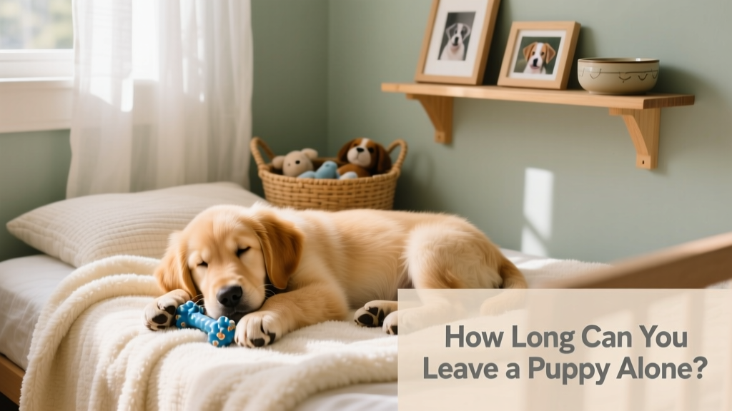 A calm, relaxed puppy resting in a cozy, safe space with a chew toy and soft bedding