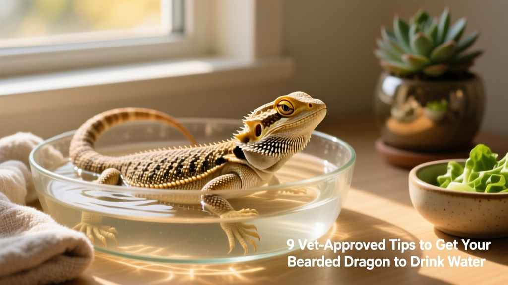 A bearded dragon soaking calmly in a small, shallow bath with warm water