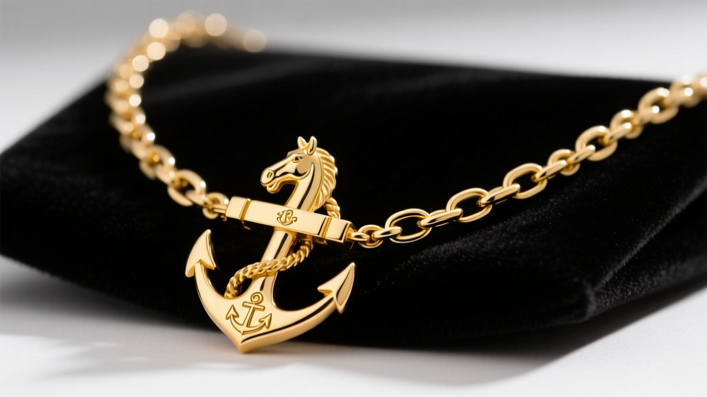 Macro shot of an 18k yellow gold equestrian anchor necklace on black velvet, highlighting polished metal links and a heavy clasp.