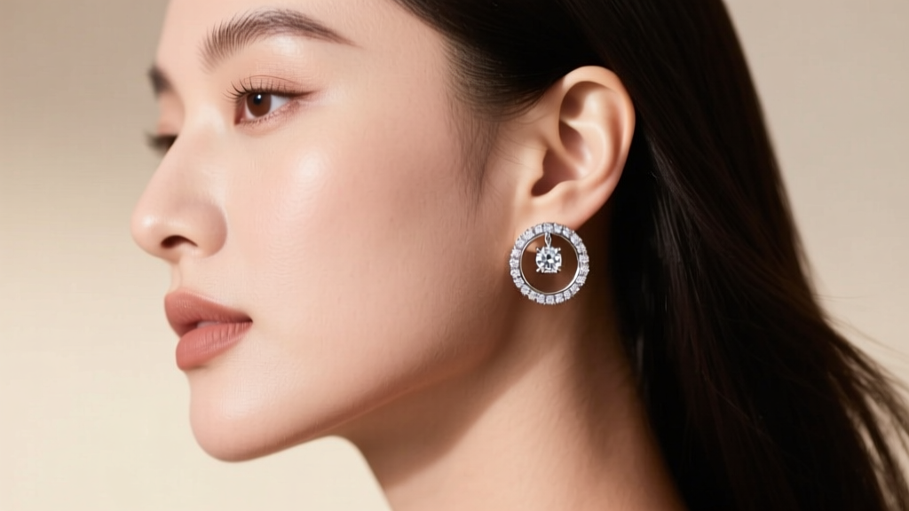 Side profile of a woman wearing 20mm bezel-set diamond circle earrings, highlighting the smooth metal rim protecting the stones.
