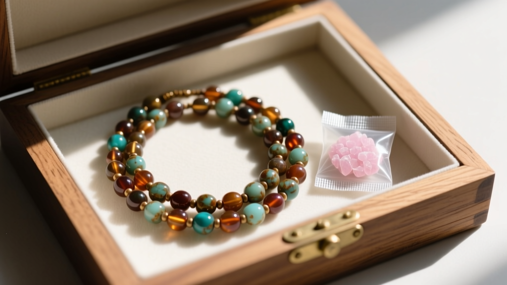 Coiled vintage seed bead necklace in an acid-free tissue lined wooden box next to a small silica gel desiccant packet.