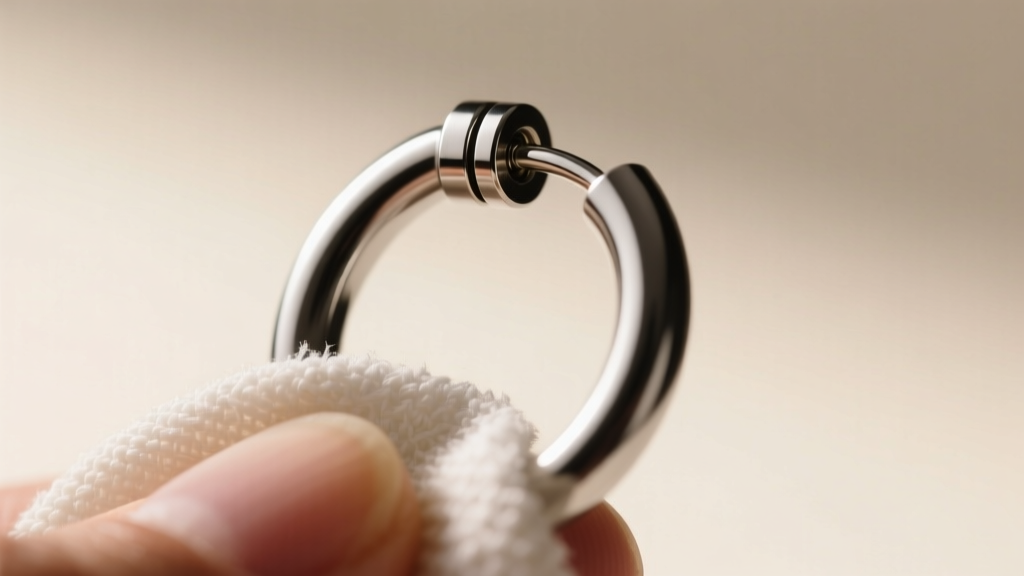 Close-up of a seamless niobium nipple hoop showing the hinge mechanism, being carefully dried with a lint-free microfiber cloth
